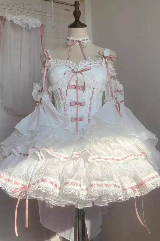 White Little Love Song Detachable Trumpet Sleeve Bow Lace Top Skirt Set