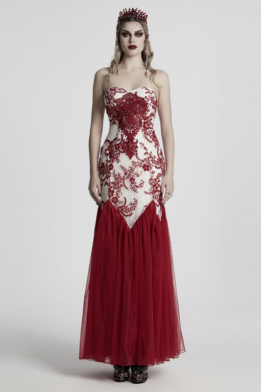 Crimson Off-Shoulder Embroidered Lace Slim Gothic Fishtail Gown