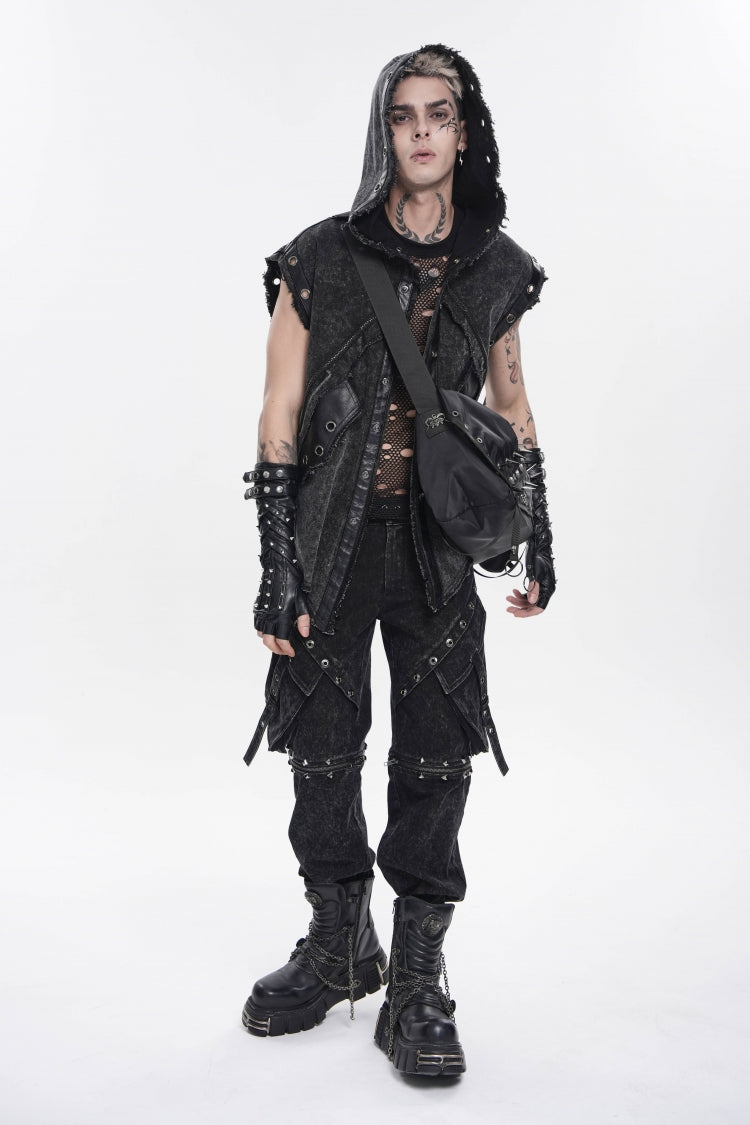 Noir Punk Vest with Hood and Buckle Accents