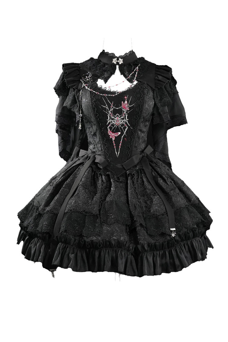 Sleeveless Gothic Lace Skirt Set with Spider Bow