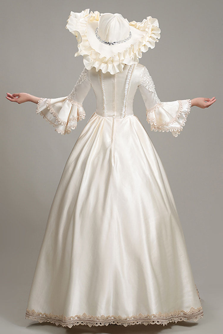 Champagne Victorian Dress with Bow and Floral Embroidery - Altfashion Shop