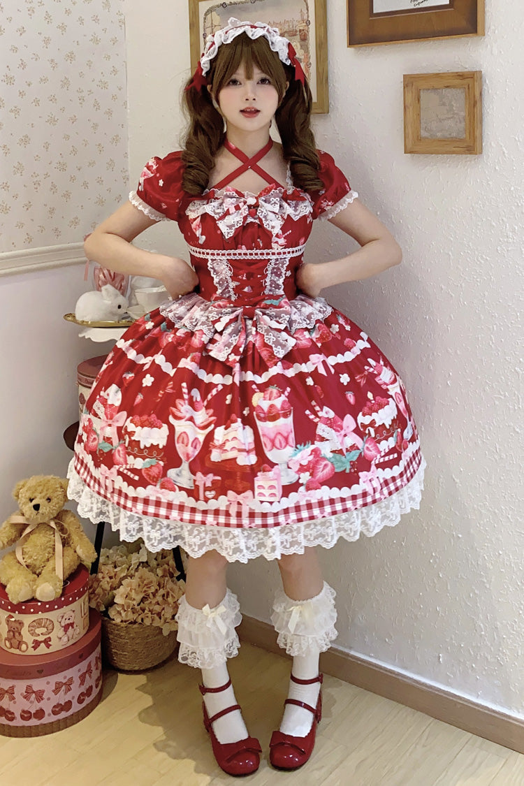 Crimson Strawberry Parfait Pattern Short Sleeve Bow Lace Corset Sweet Lolita Gown