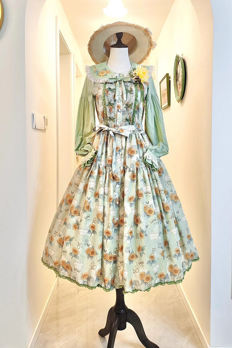 Green Sunflower Sleeveless Floral Bow Elegant Jsk Dress