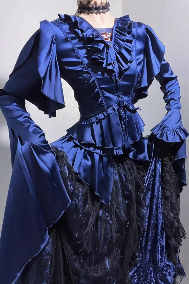 Echoes of the Deep Sea Hime Sleeve Ruffled Bow Corset Gothic Ouji Lolita Blouse in Four Shades