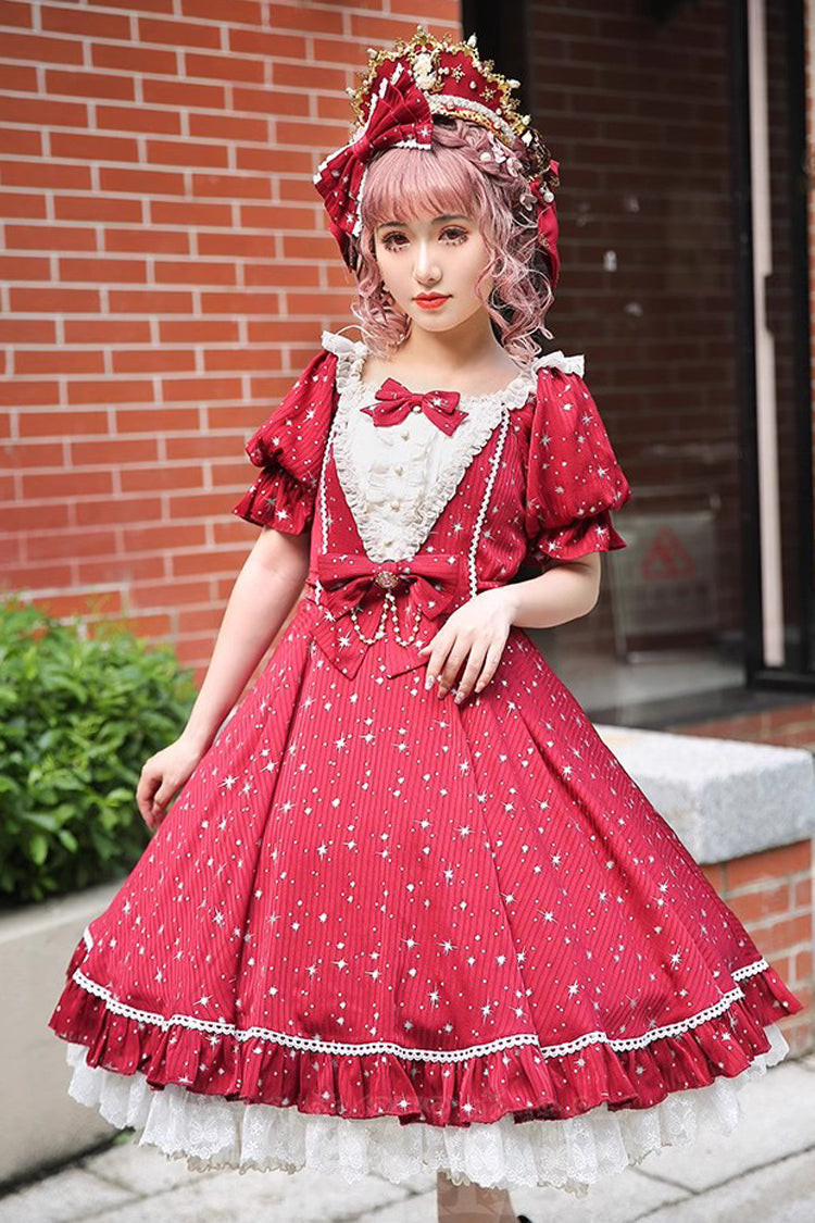 Star Print Short-Sleeved Ruffled Bowknot Sweet OP