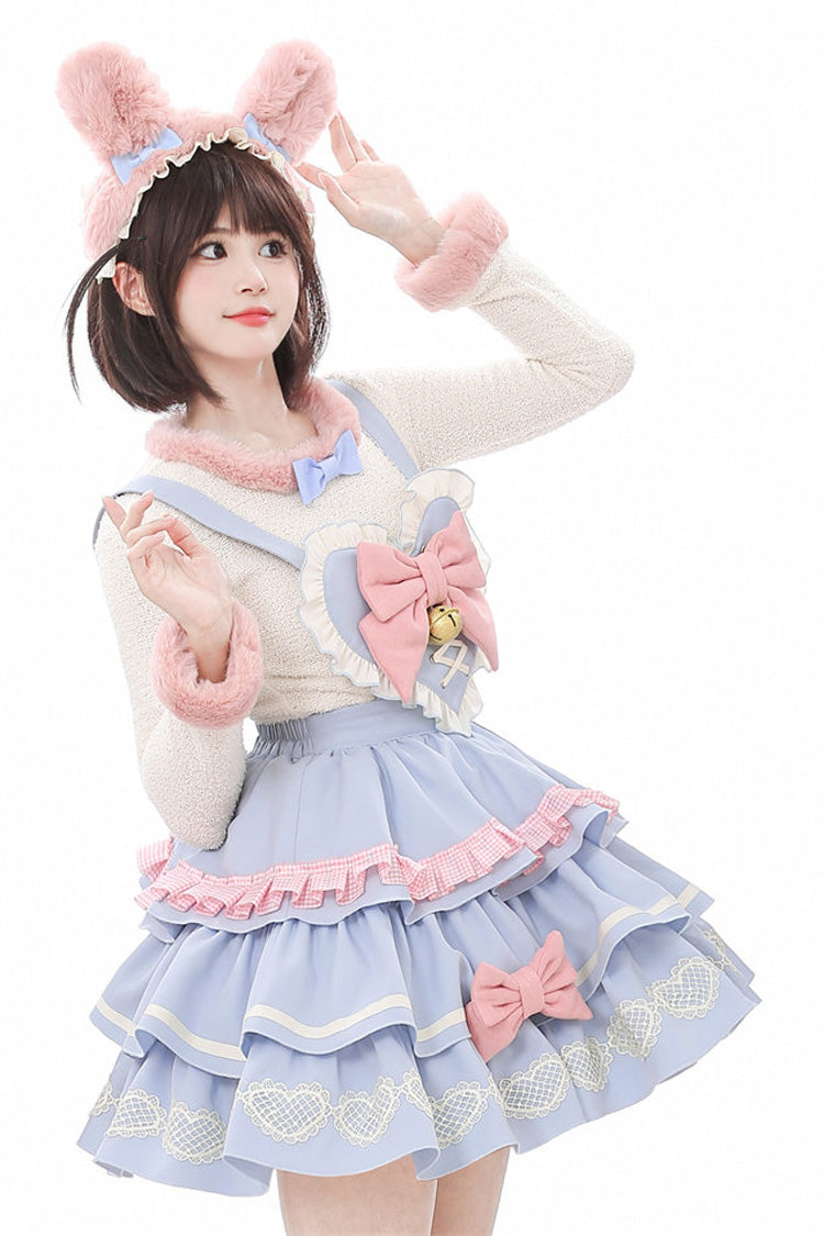 Bunny Transformation Detachable Bunny Cake Sleeveless Triple-Layered Ruffled Bow Sweet Strap Dress