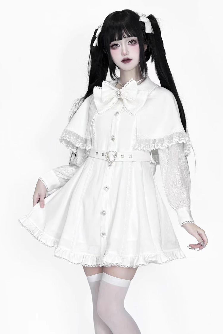 Ivory Detachable Cape Ruffled Lace Dark Elegant Dress