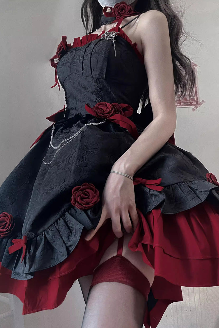 Crimson Noir Printed Ruffled Bow Embellished Gothic Princess Jumper Dress