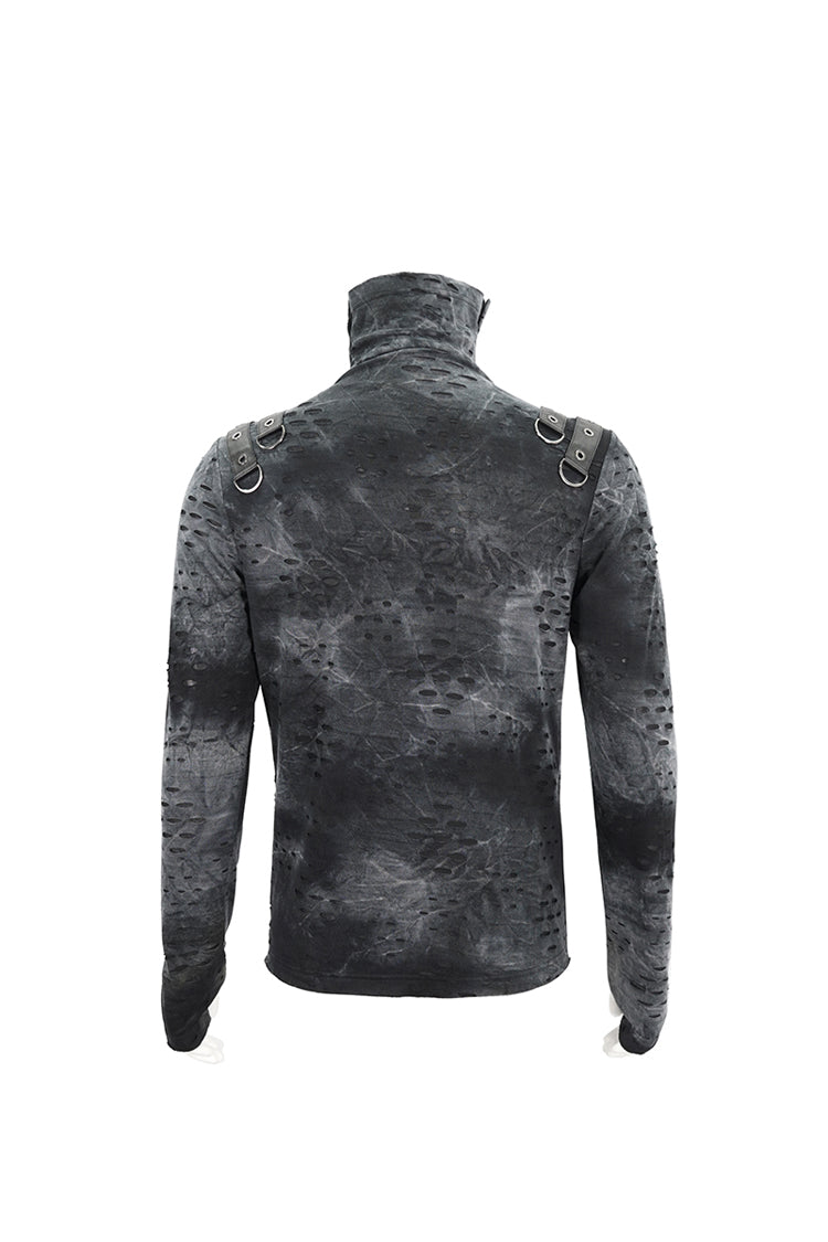 Men's Punk Shirt with Irregular Ripped Details, Stand Collar, Grey/Black