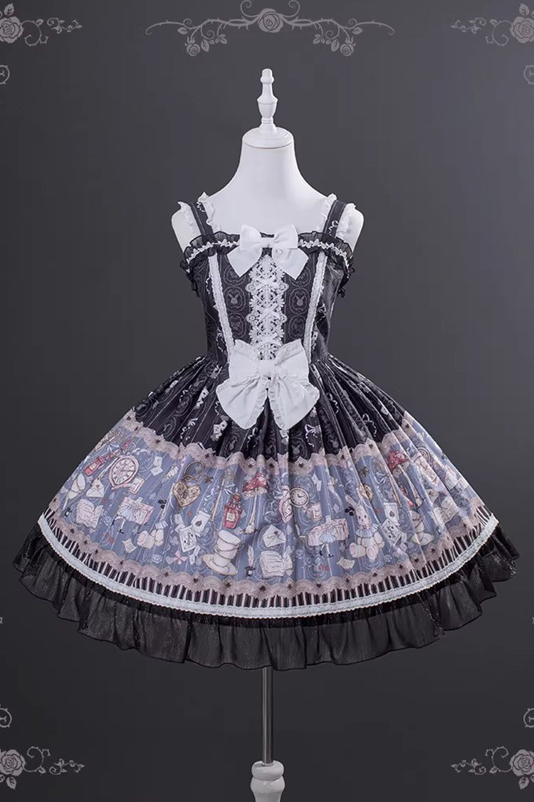 Black Alice’s Fantasy Tale Square Collar Sleeveless Printed Bow Gothic Dress
