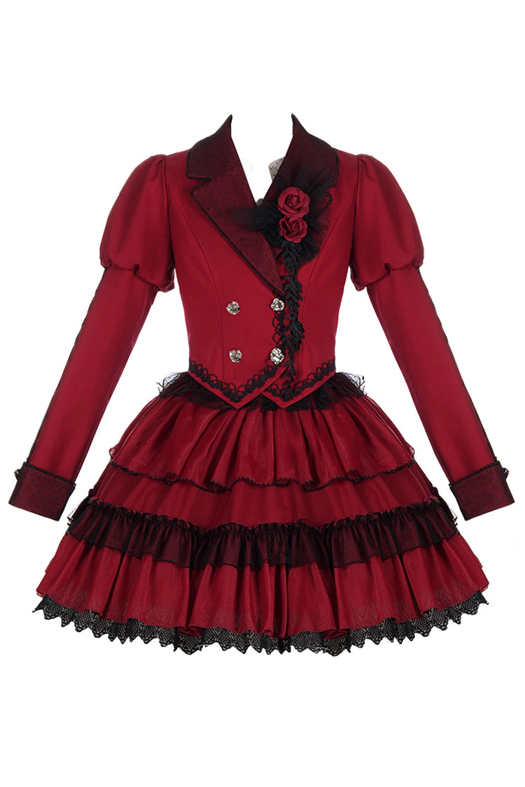 Red Gothic Punk Skirt Set with Removable Corsage and Long Sleeves