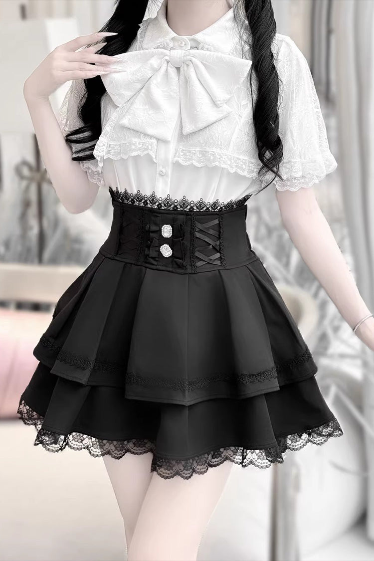 Gothic Embroidered Ruffled Top and Skirt Set with Lace-Up - Dark Moon Shadow