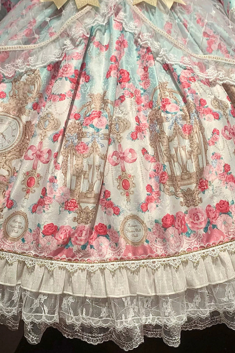 Mint Green/Pink [Rose Garden Prelude] Square Collar Long Trumpet Sleeves Printed Ruffled Bow Lace Lace-Up Sweet Lolita Dress