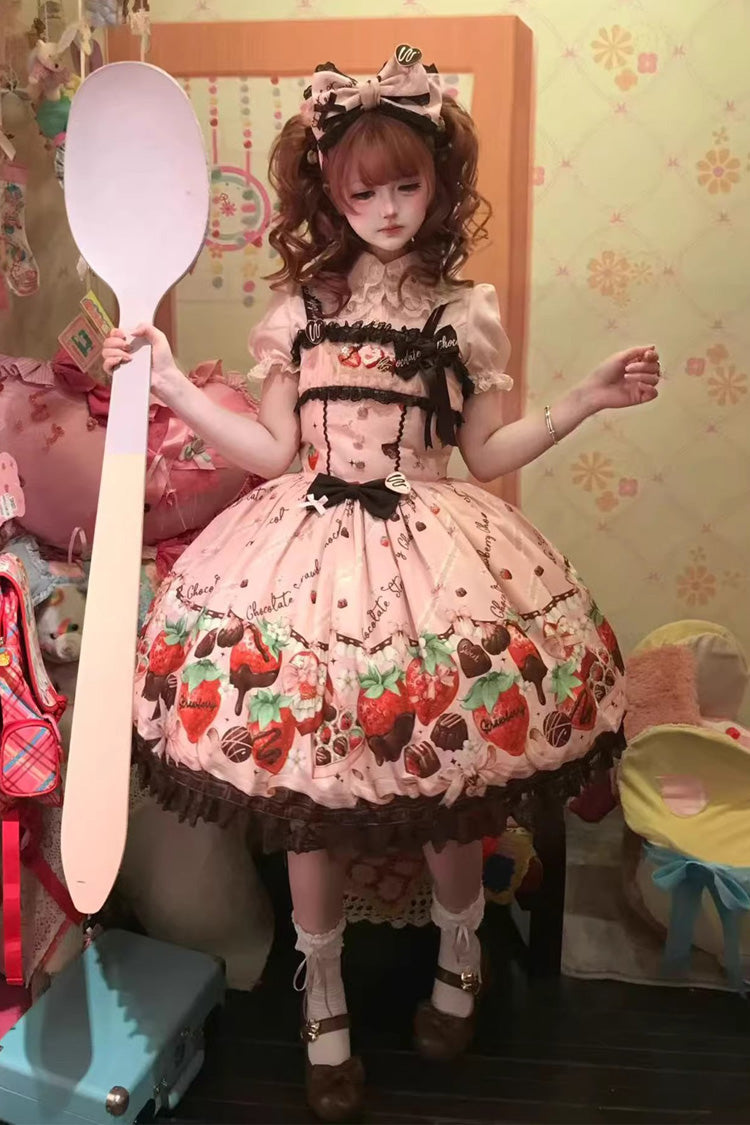 Blush Sleeveless Embroidered Bow Lace Lolita JSK - Strawberry Chocolate Lover