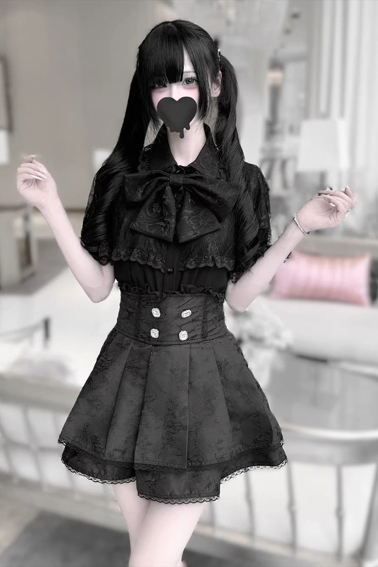 Gothic Embroidered Ruffled Top and Skirt Set with Lace-Up - Dark Moon Shadow