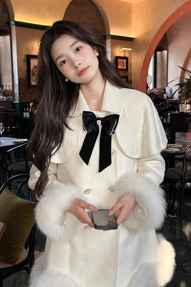Ivory Bow Accent Sweet Princess Cape Coat