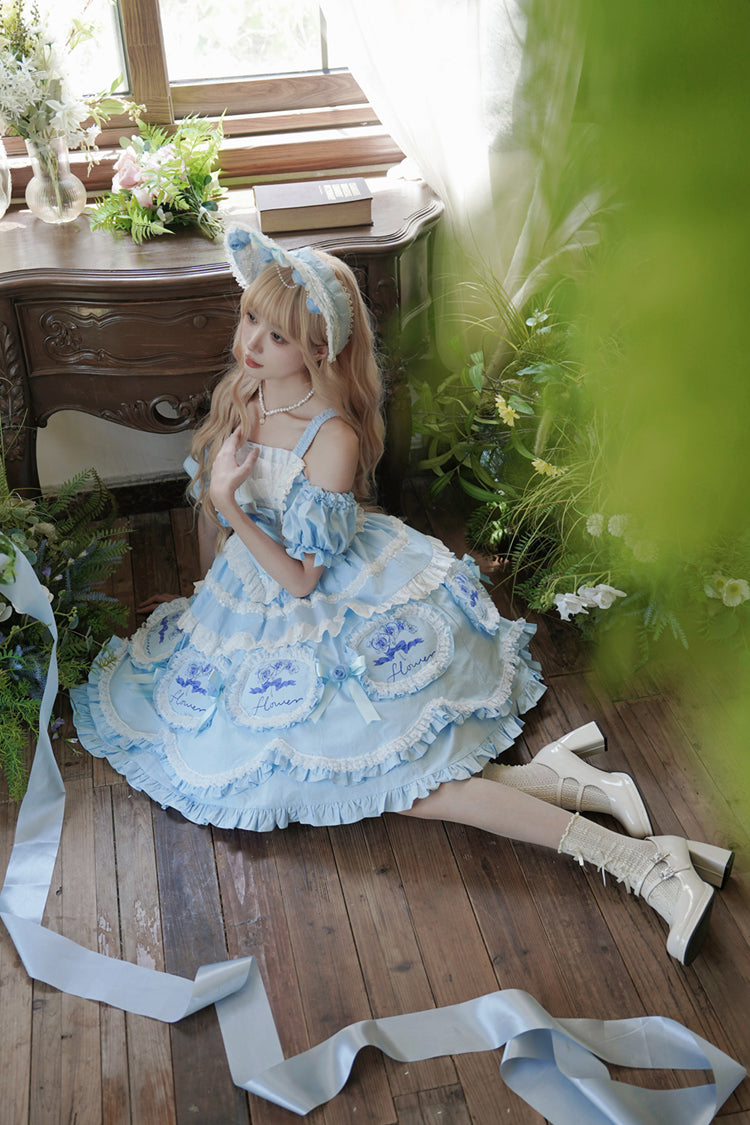 Blue Butterfly Dream Print Ruffled Bowknot Sweet Princess Lolita JSK