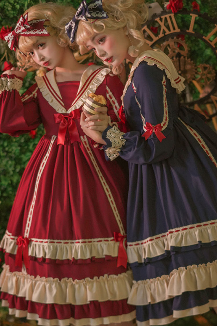 Classic Lolita OP Dress - Long Sleeves High Waist Ruffled Bowknot
