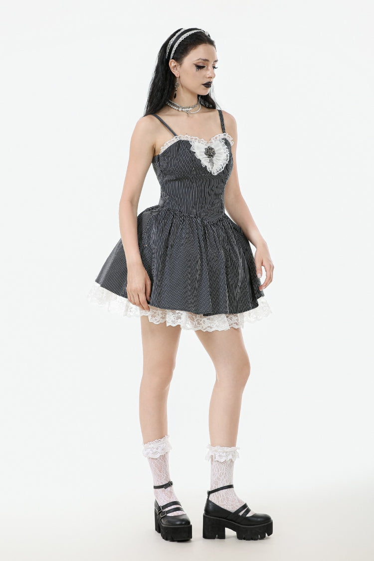 Monochrome Gothic Lolita Slip Dress with Pinstripes and Lace-Up Details