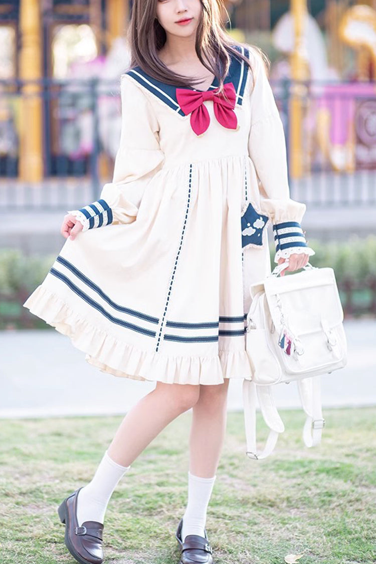 Navy Sweet Lolita Dress with Bowknot Ruffled Long Sleeves