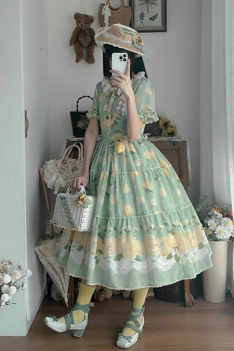 Verdant Short Sleeve Printed Ruffle Bow Lace Daily Sweet Dress - Lemon Chicken