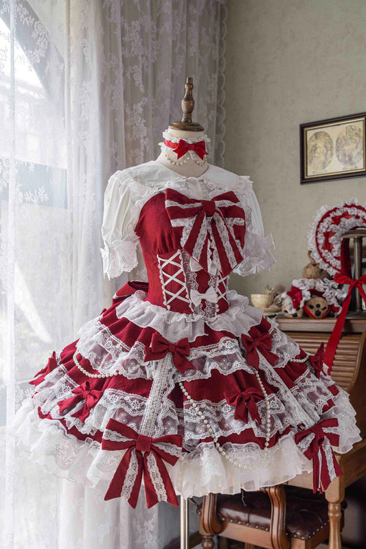 Small Cakes Sleeveless Multi-Layered Ruffled Bow Lace Sweet Lolita JSK Dress - Red