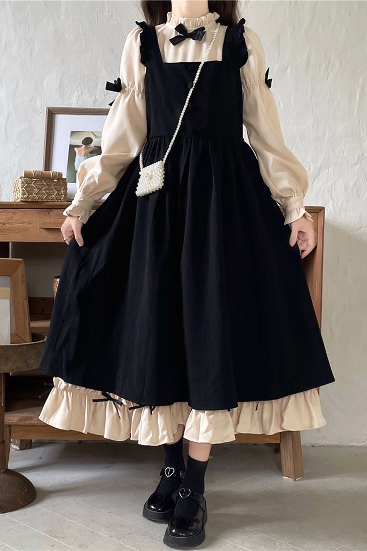 Noir/Apricot Puff Sleeve Bow Ruffle Sweet Dress - Japanese Style