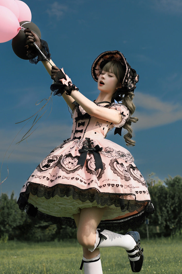 Blush Square Collar Embroidered Bow Lolita Dress with Train - Sugar Bear