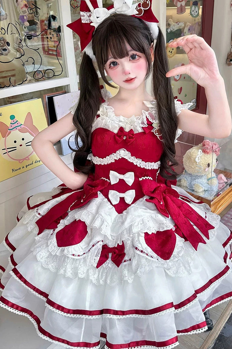 Scarlet Velvet Rabbit Sleeveless Multi-Layered Ruffled Bow Sweet Lolita Jumper Dress Set
