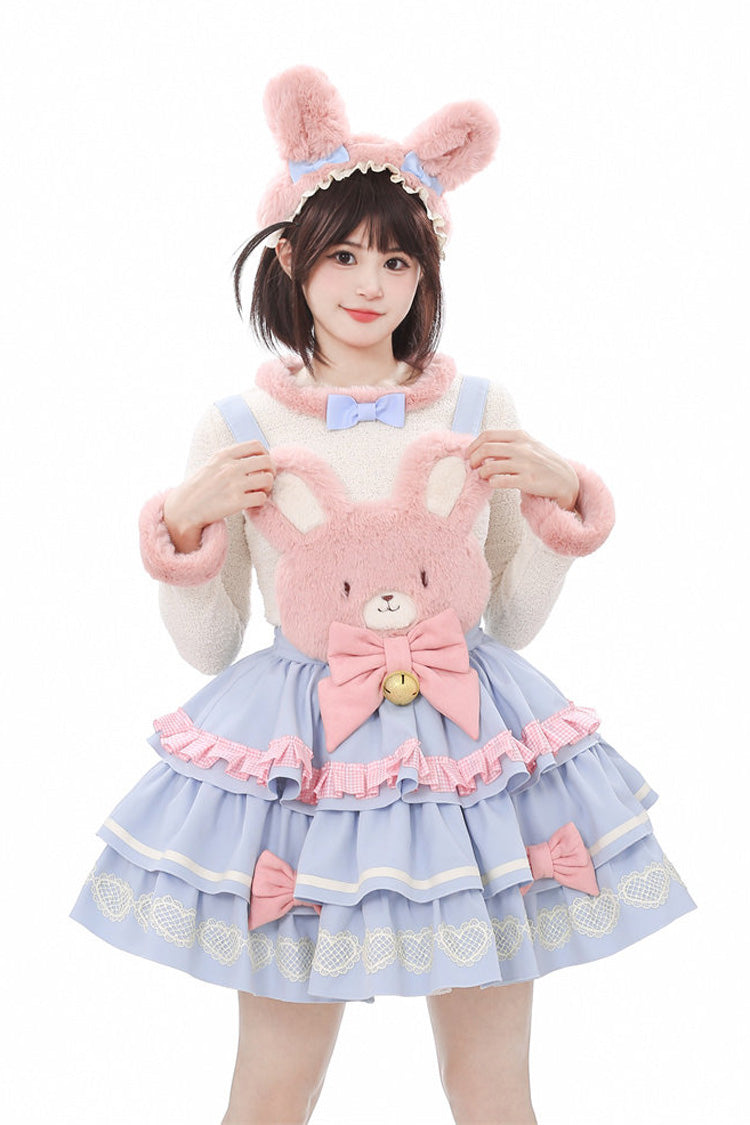 Bunny Transformation Detachable Bunny Cake Sleeveless Triple-Layered Ruffled Bow Sweet Strap Dress