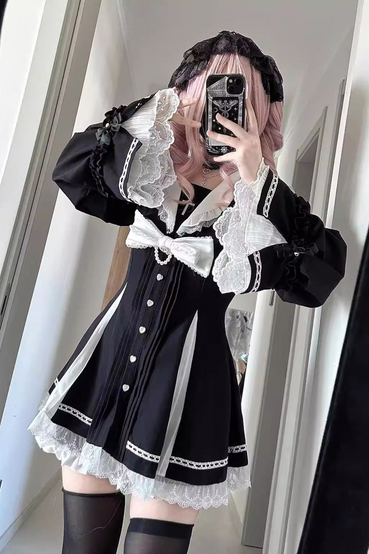 Dark Night Prayer Square Collar Long Sleeve Bow Lace Pearl Sweet Jirai Kei Dress and Shorts Set