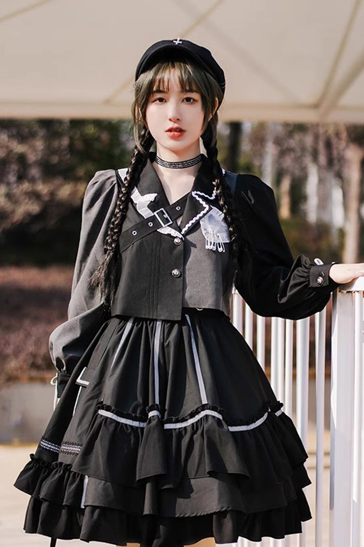 Black Reflective Strip Ruffled Pleated Gothic Set