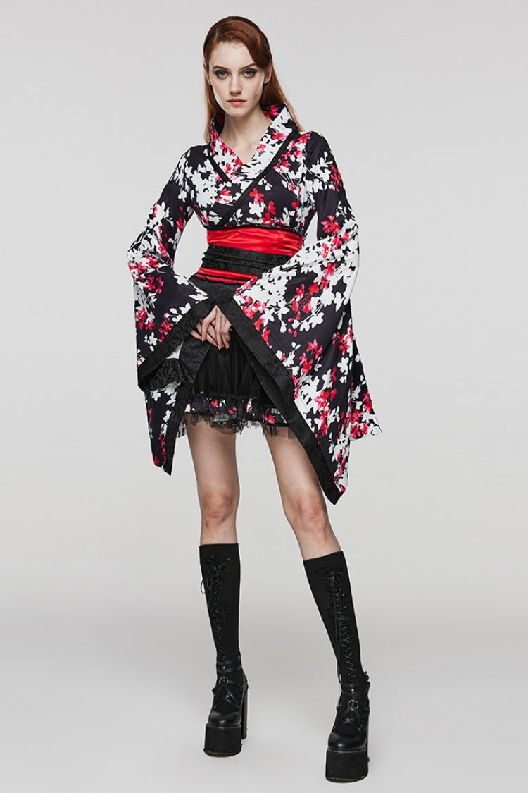 Multicolor Long Sleeves Floral Print Ruffle Gothic Dress with Skirt