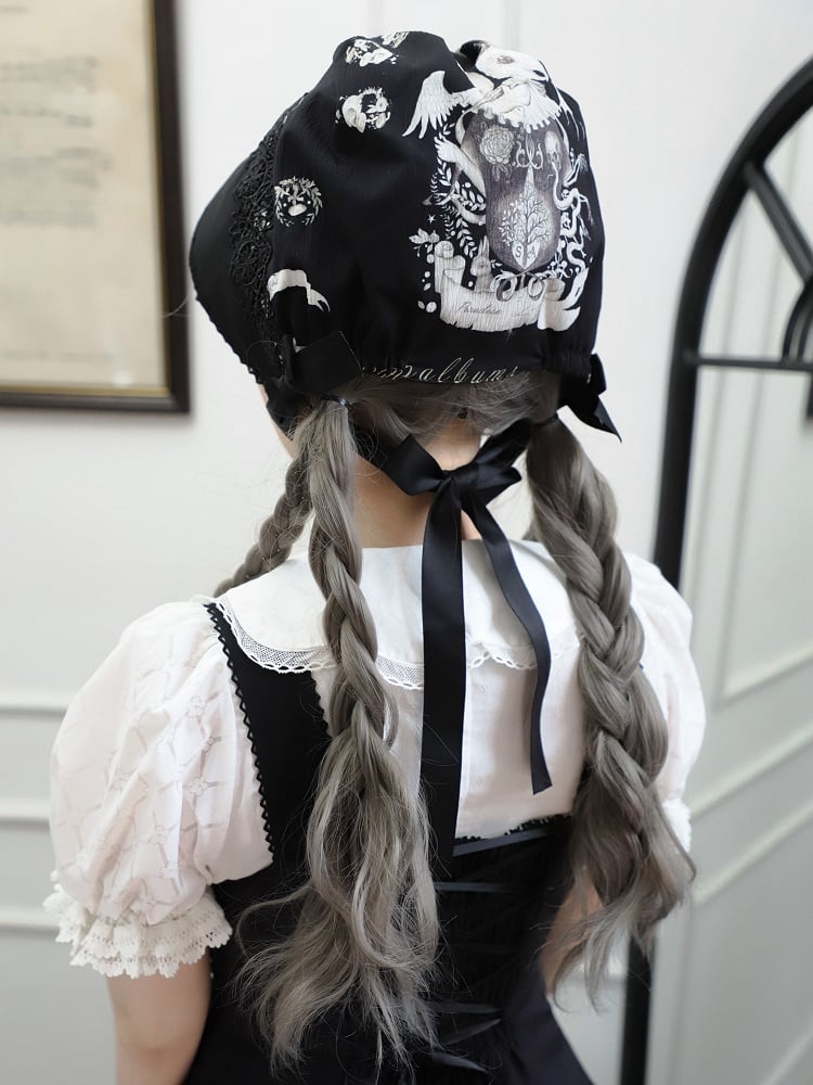 Bonnet Dark Print Bunny Lolita Black