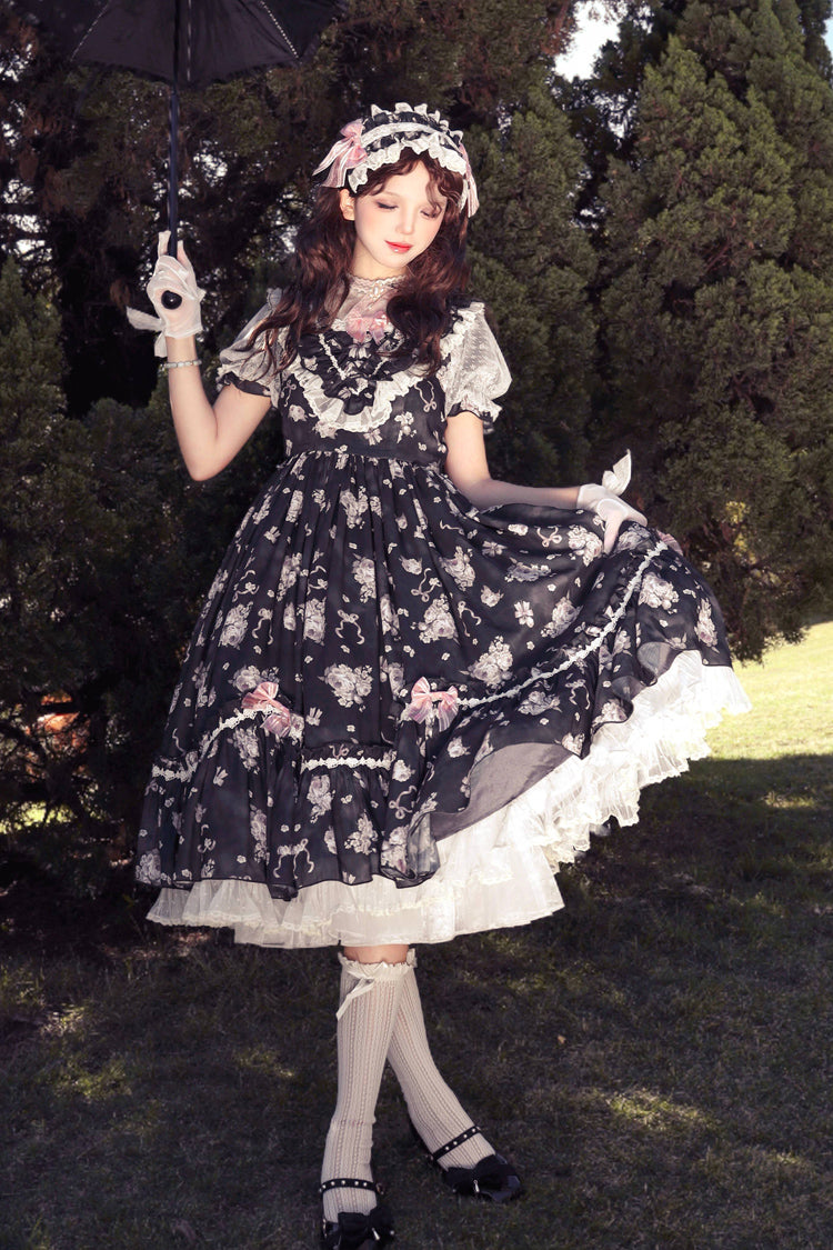 Daydream Rose Floral Jacquard Print Ruffle Embroidered Bow Sweet Lolita Dress in Three Shades
