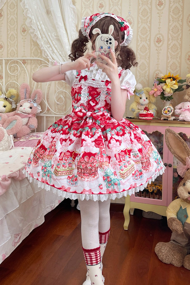 Crimson Strawberry Cocoa Jam Print Sleeveless Frill Bow Lace Sweet Lolita Jumper Dress