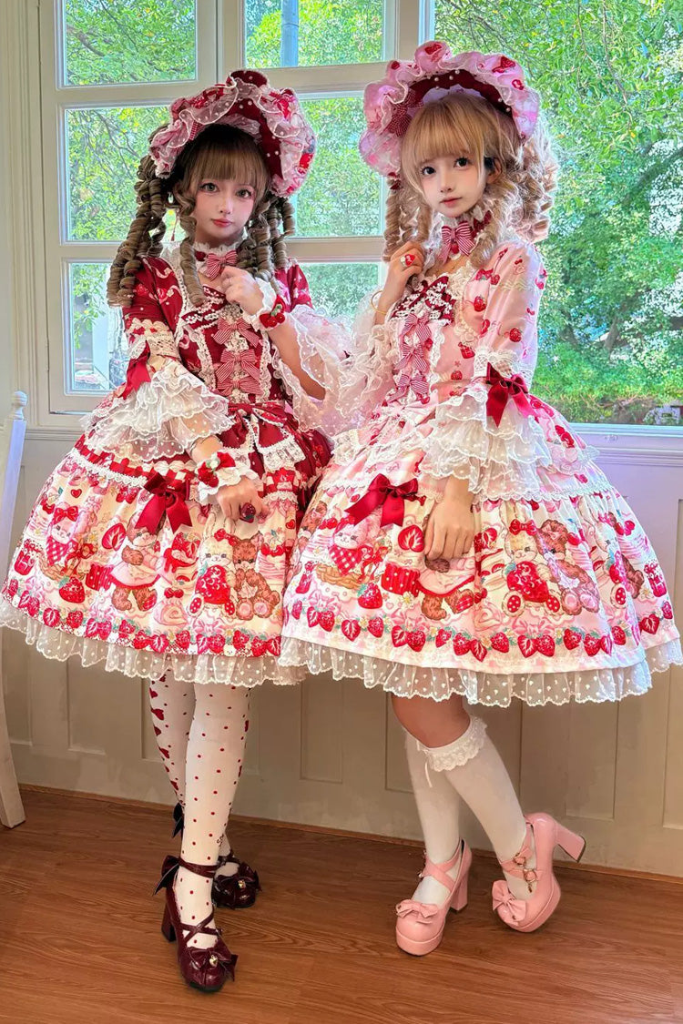Scarlet Sweet Berry Bunny Bear Half Sleeve Printed Bow Lace Laced Sweet Lolita OP Dress