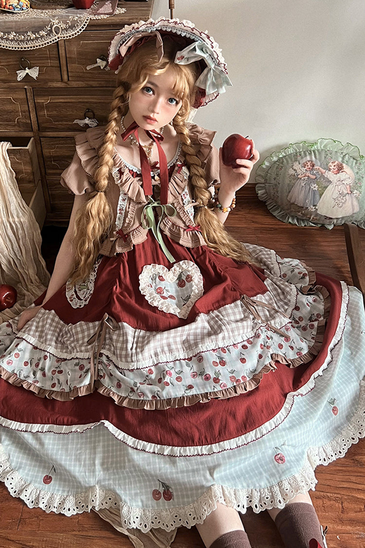 Cherry Print Multilayer Ruffle Embroidery Sweet Lolita Dress