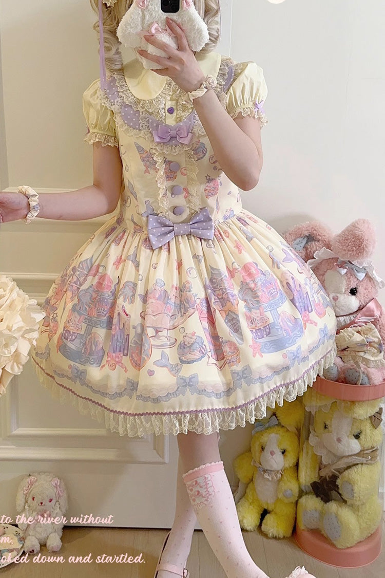 Mermaid Print Bowknot Lace Strap Dress - Light Yellow