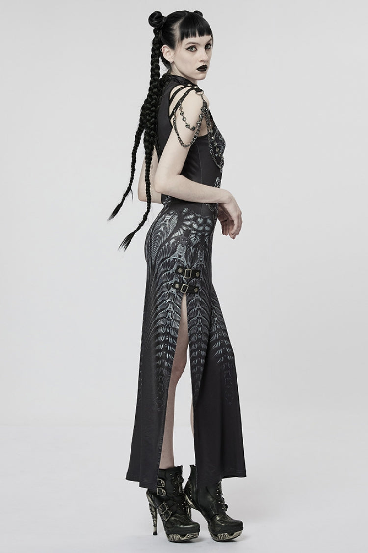 Black Printed Lace-Up Side Slit Gothic Gown with Chain