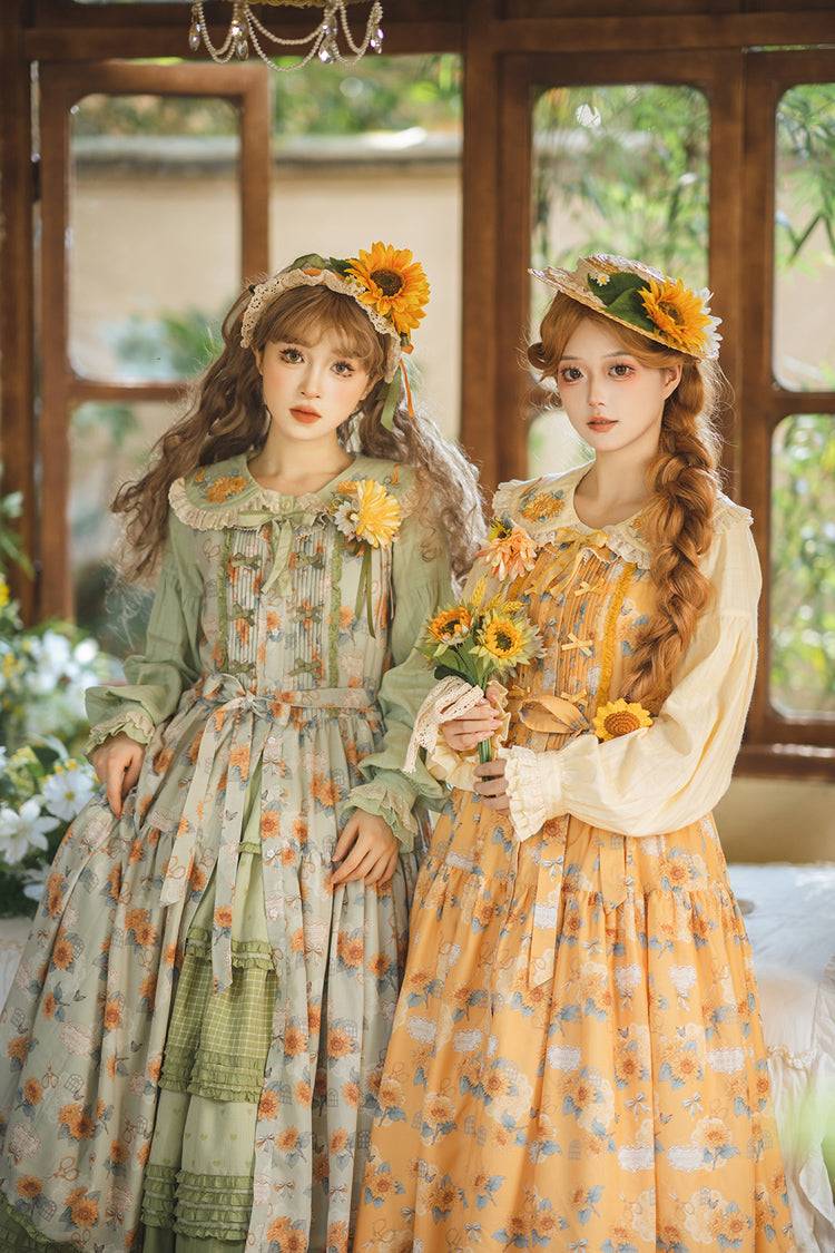 Green Sunflower Sleeveless Floral Bow Elegant Jsk Dress