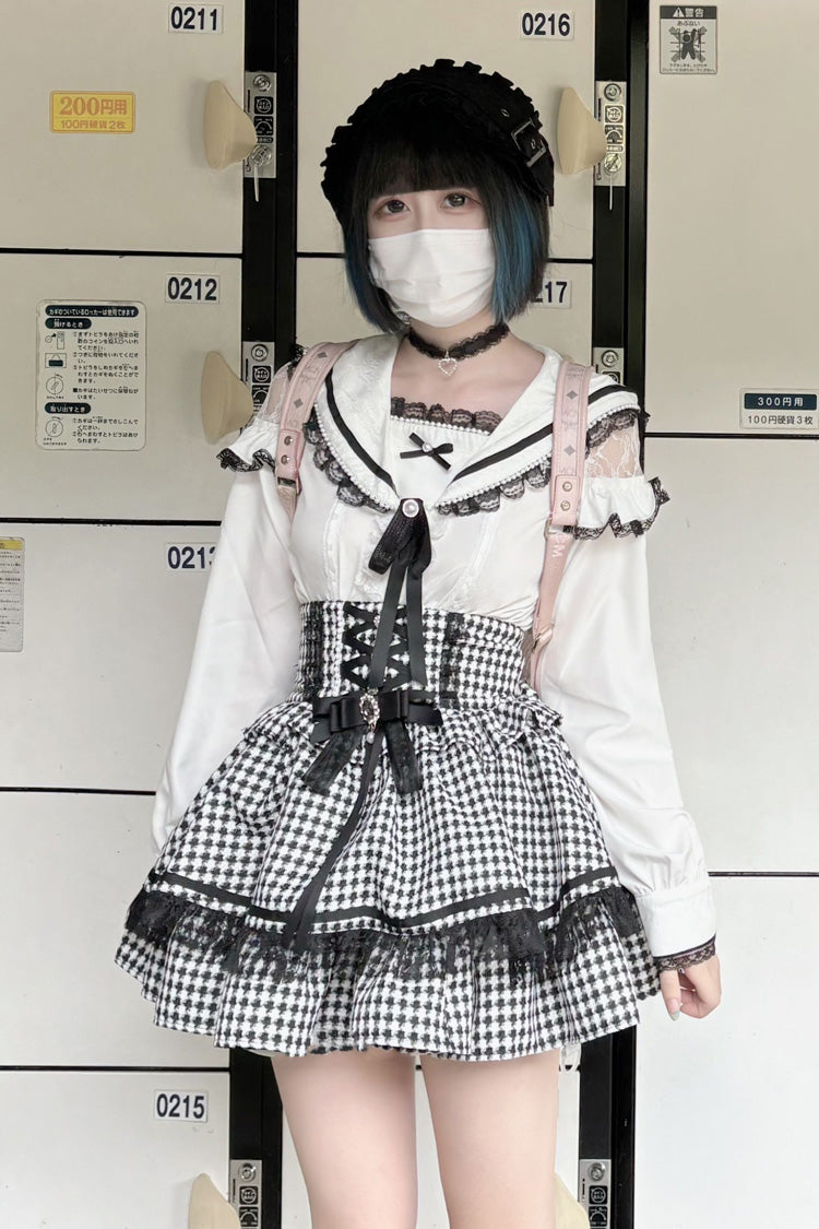 Black White Houndstooth Bow Lace Lace-Up Jirai Kei Skirt