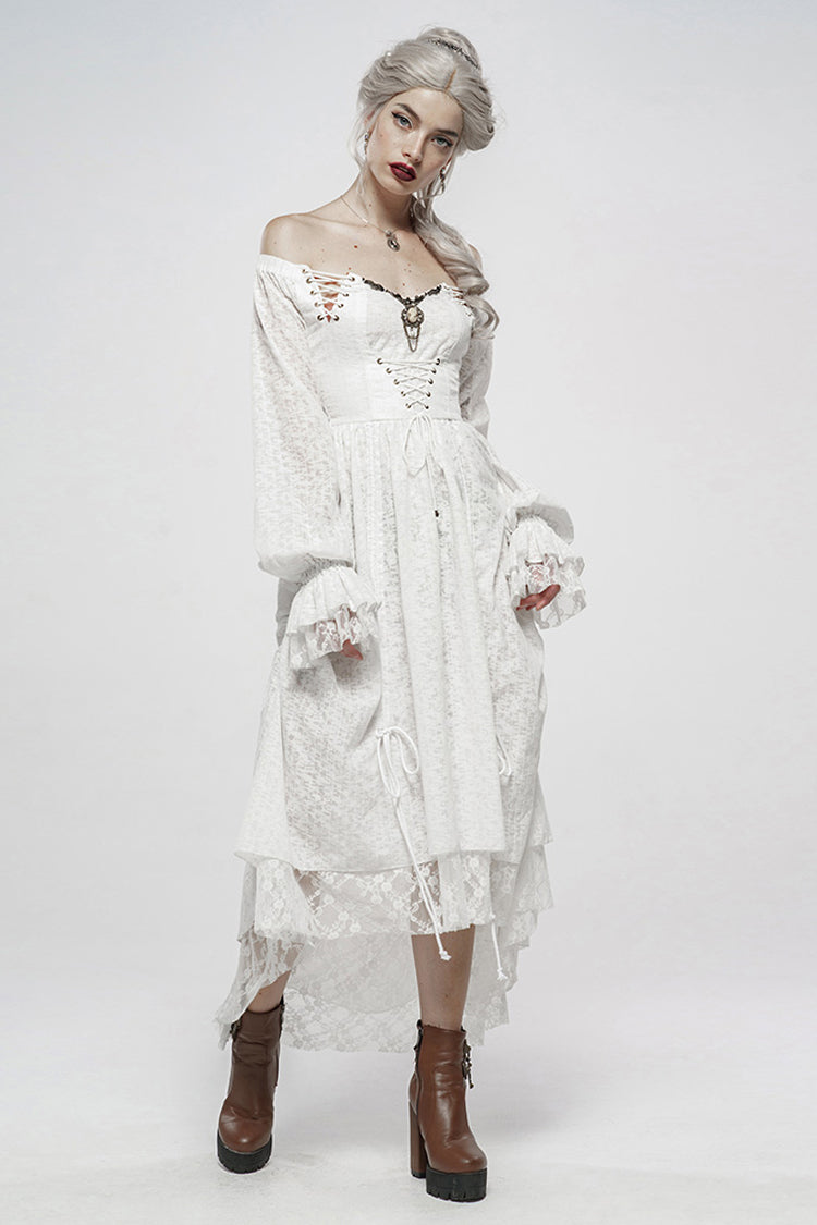 Ivory Off-Shoulder Long Puff Sleeves Ruffle Mesh Gothic Dress