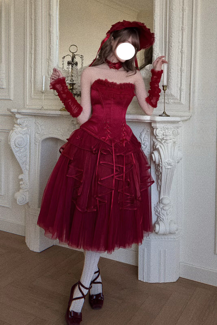 Scarlet The Summer Waves Sparkle Square Neck Sleeveless Multi-Layered Ruffled Bow Laced Slim Lolita Skirt Set