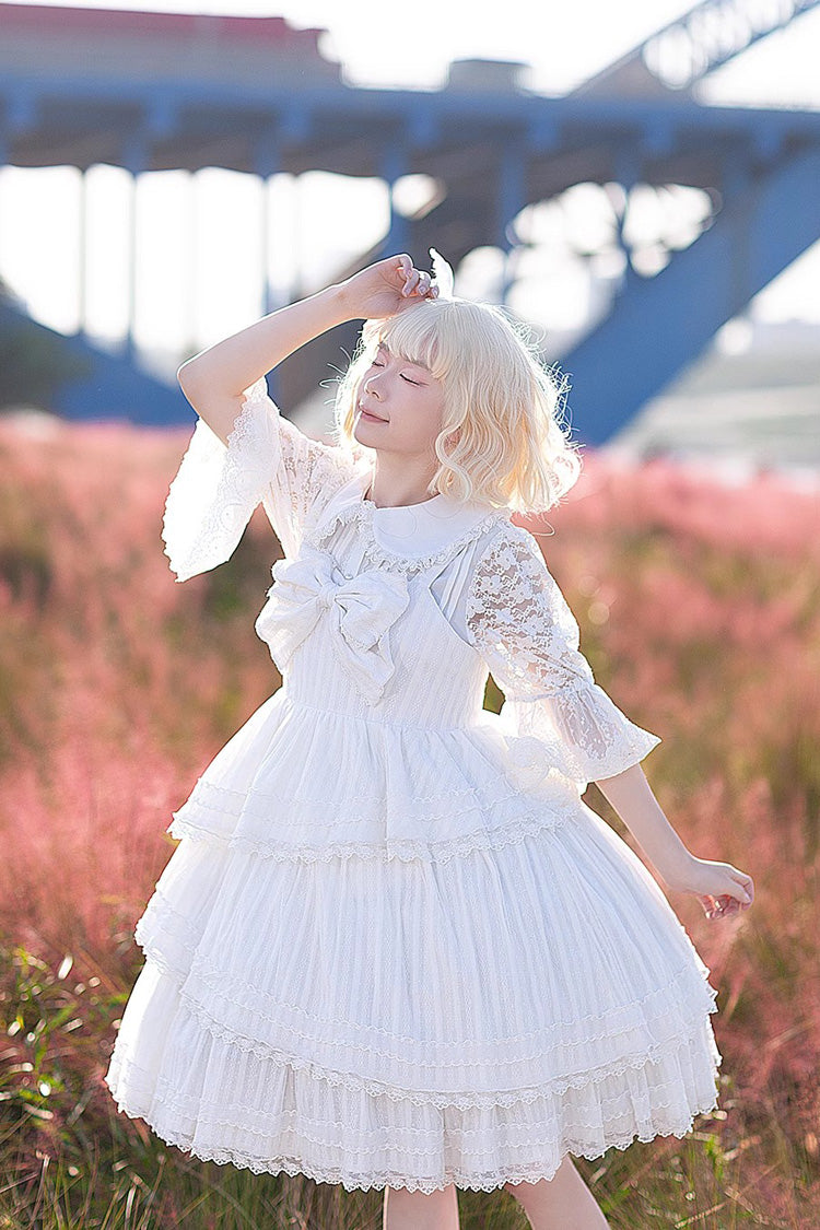 White Sweet Lolita Dress with Tower of Dawn Bowknot and Ruffled Sleeveless