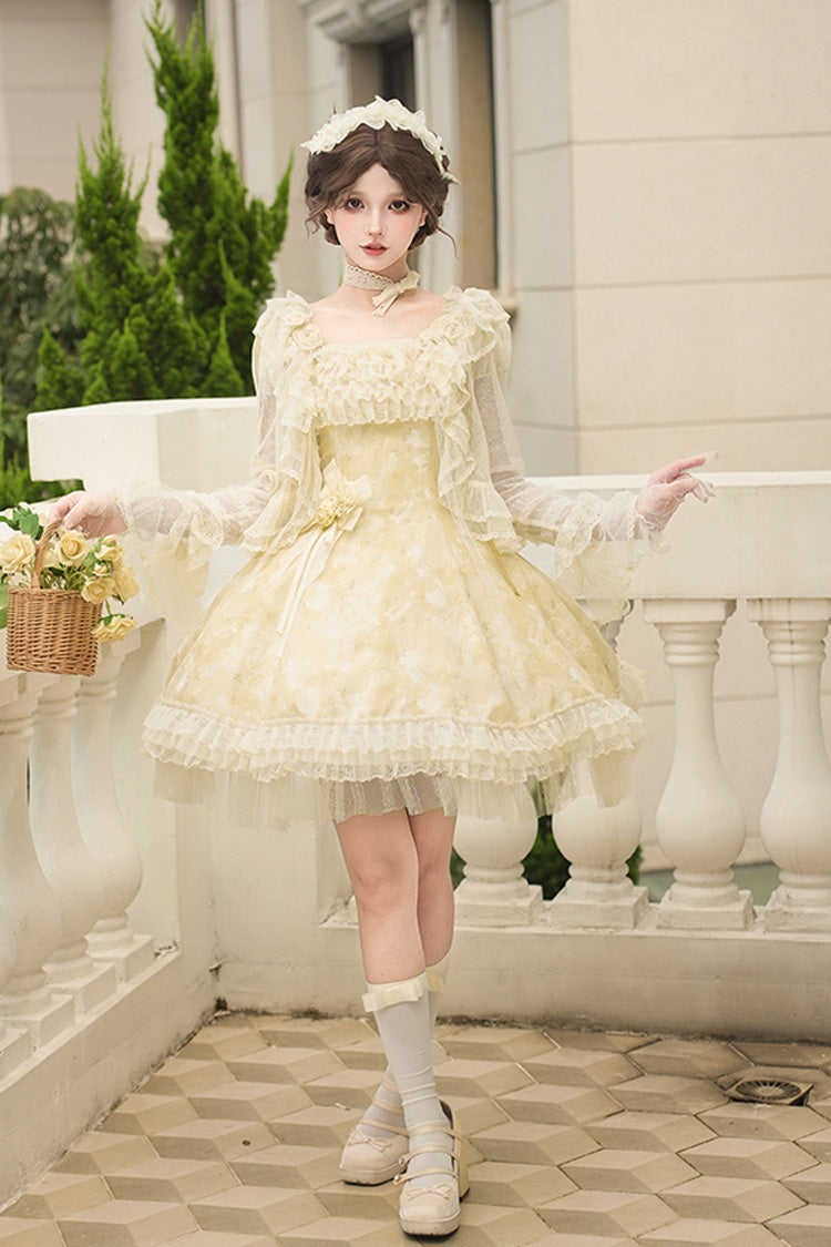 Golden Square Collar Flutter Sleeve Printed Ruffle Lace Sweet Elegant Short Dress - Falling Flowers as a Message