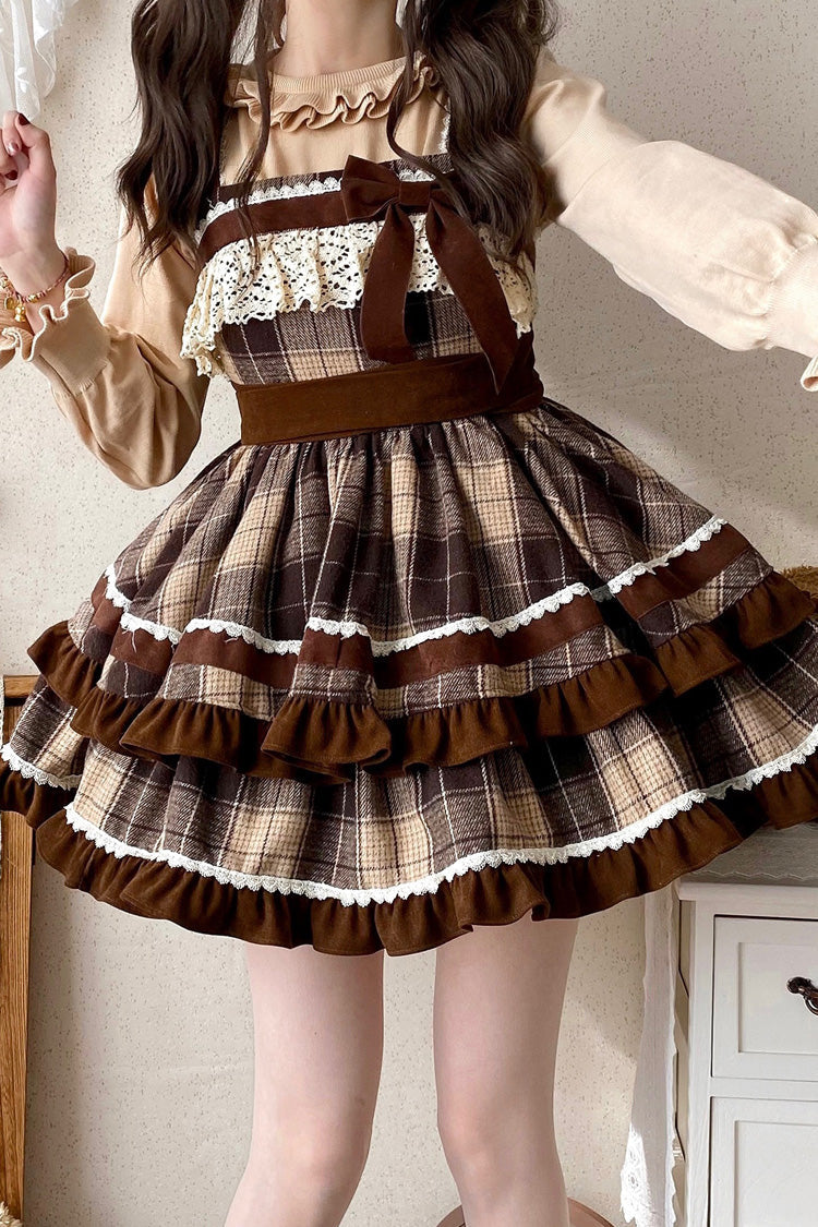 Brown Caramel Cocoa Double-Layered Print Ruffle Bow Sweet Lolita Jsk
