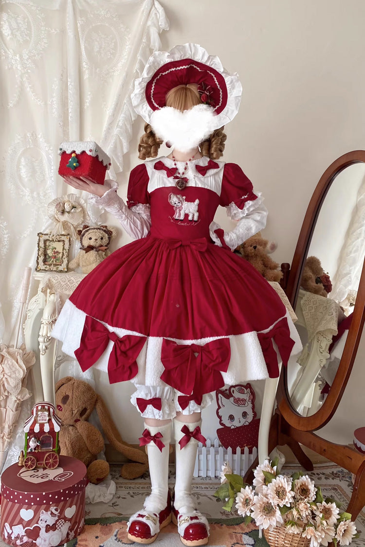 Crimson Shepherd Girl's Poem Doll Neck Short Sleeve Ruffled Bow Sweet Lolita Gown