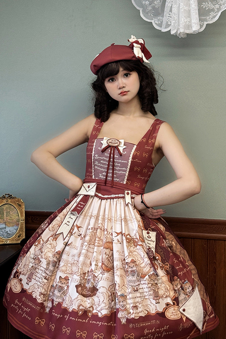 Wine Red Fox Print Square Collar Bowknot Classic Lolita Jumper
