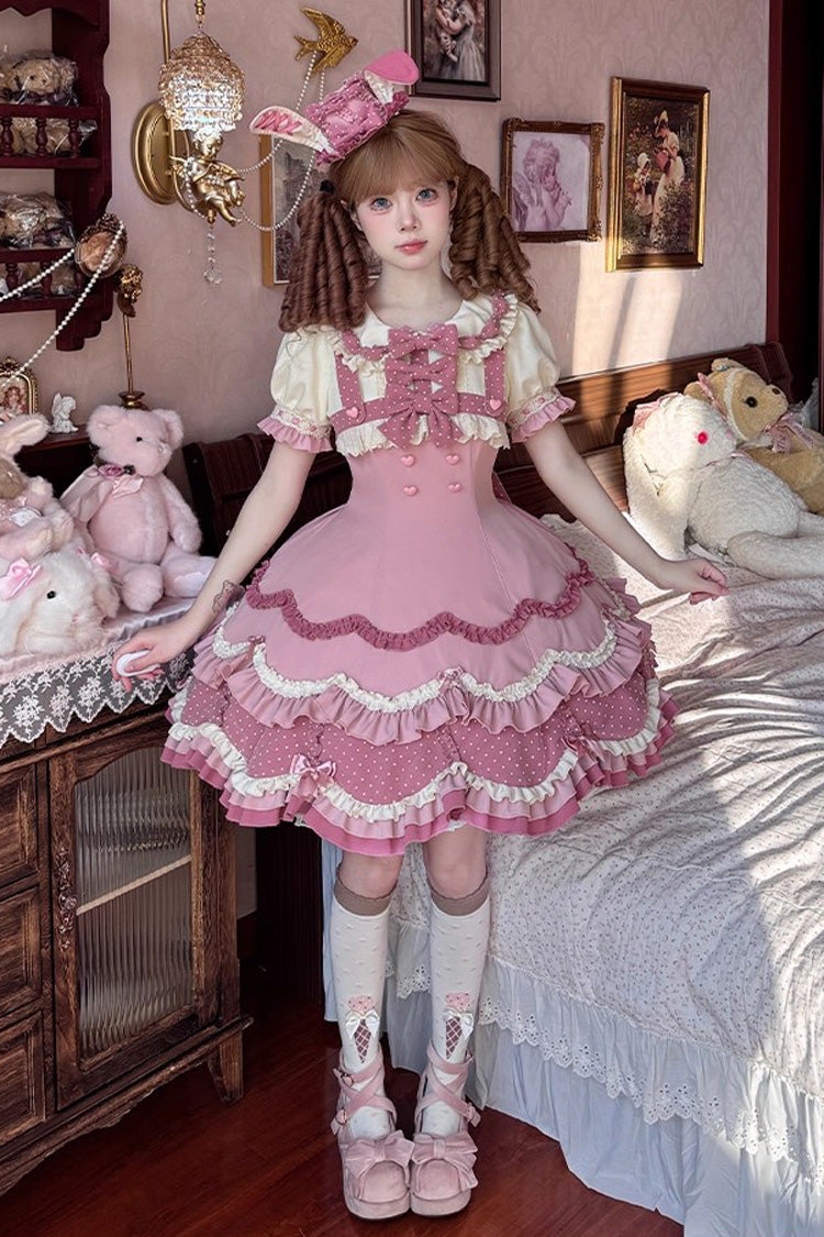 Bunny Parfait Short Sleeve Multi-Layered Ruffled Bow Sweet Lolita Dress - Pink